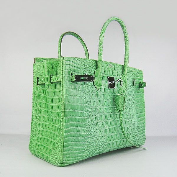 High Quality Fake Hermes Birkin 35CM Crocodile Head Veins Leather Bag Green 6089